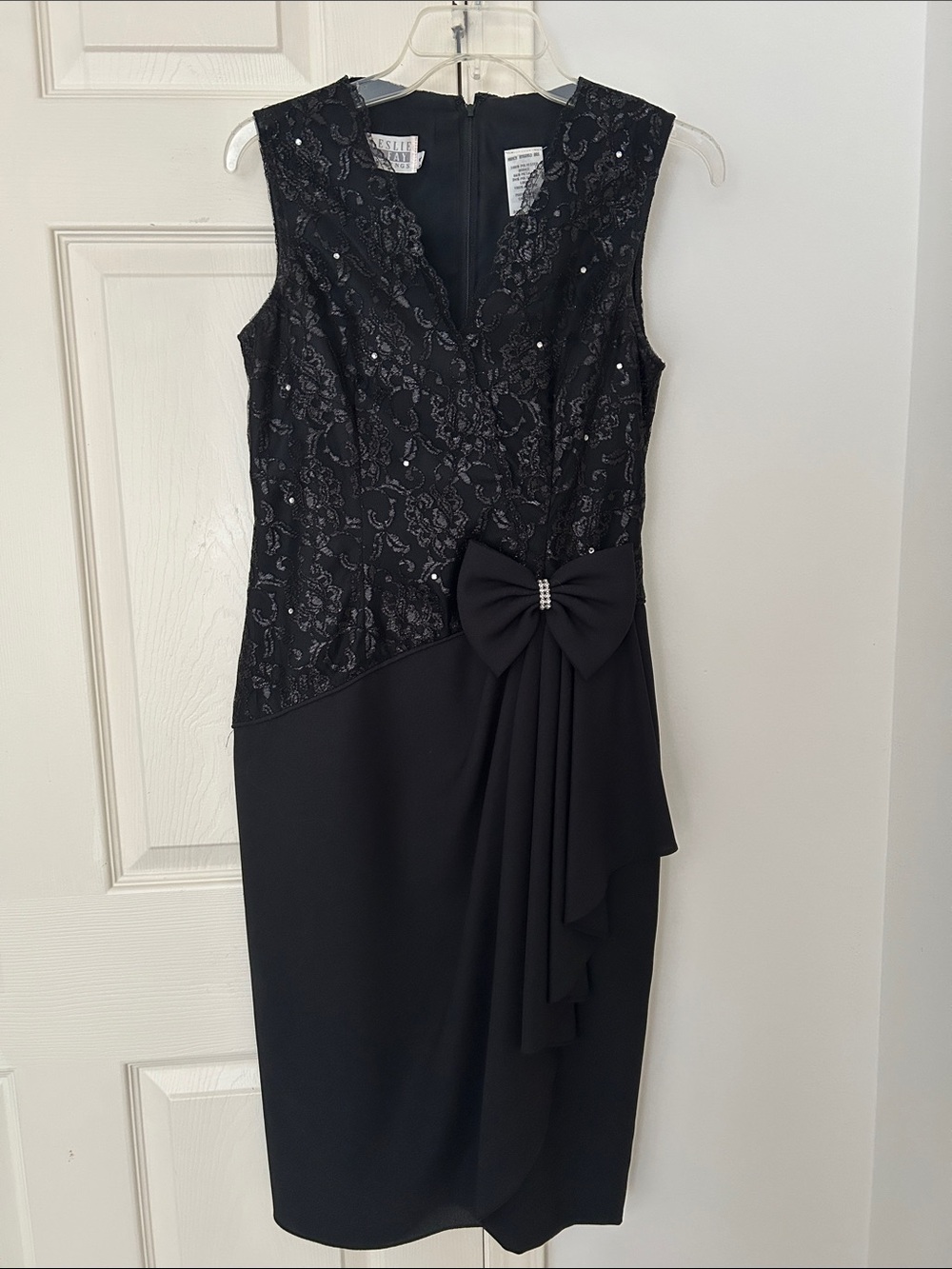 Leslie Fay Black Lace Midi Dress with Bow Accent